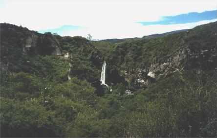 A waterfall in the surrounding cliffs